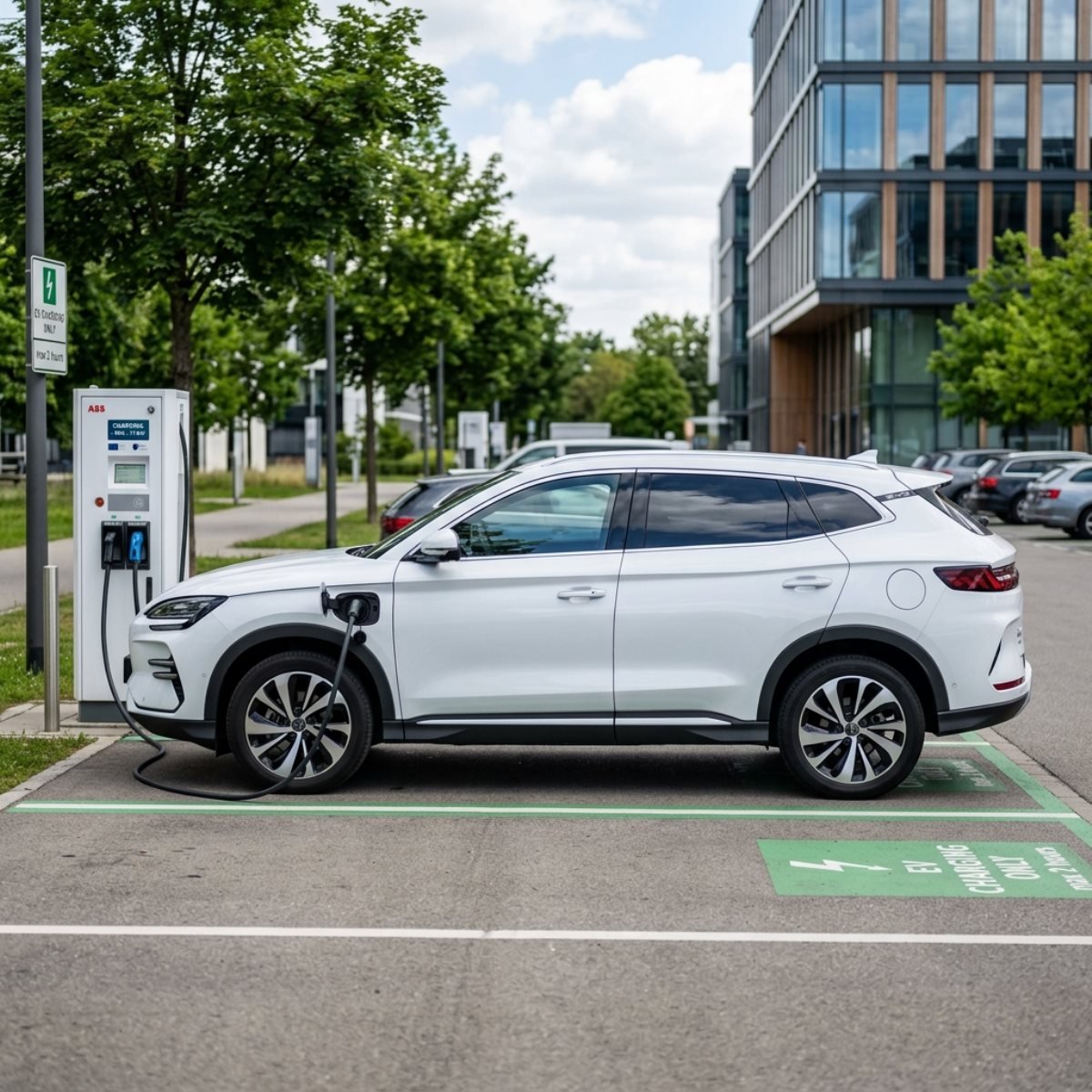 BYD Seal U híbrido enchufable cargando en punto de recarga eléctrica