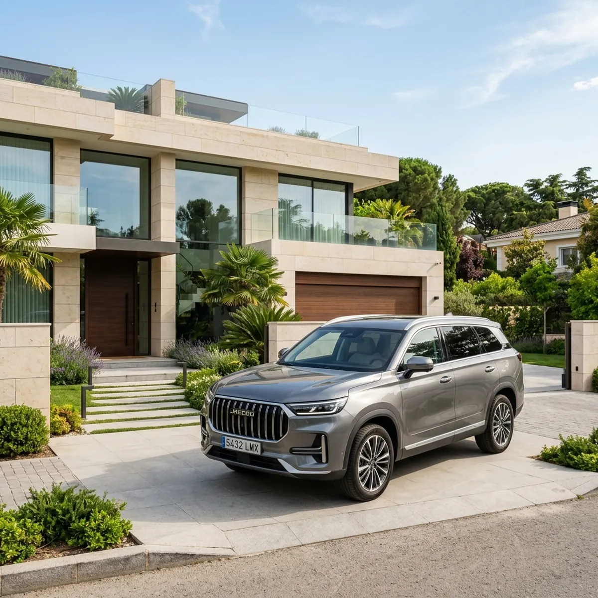 Gran SUV de lujo Jaecoo 8 de color gris metalizado estacionado en una zona residencial premium de Madrid