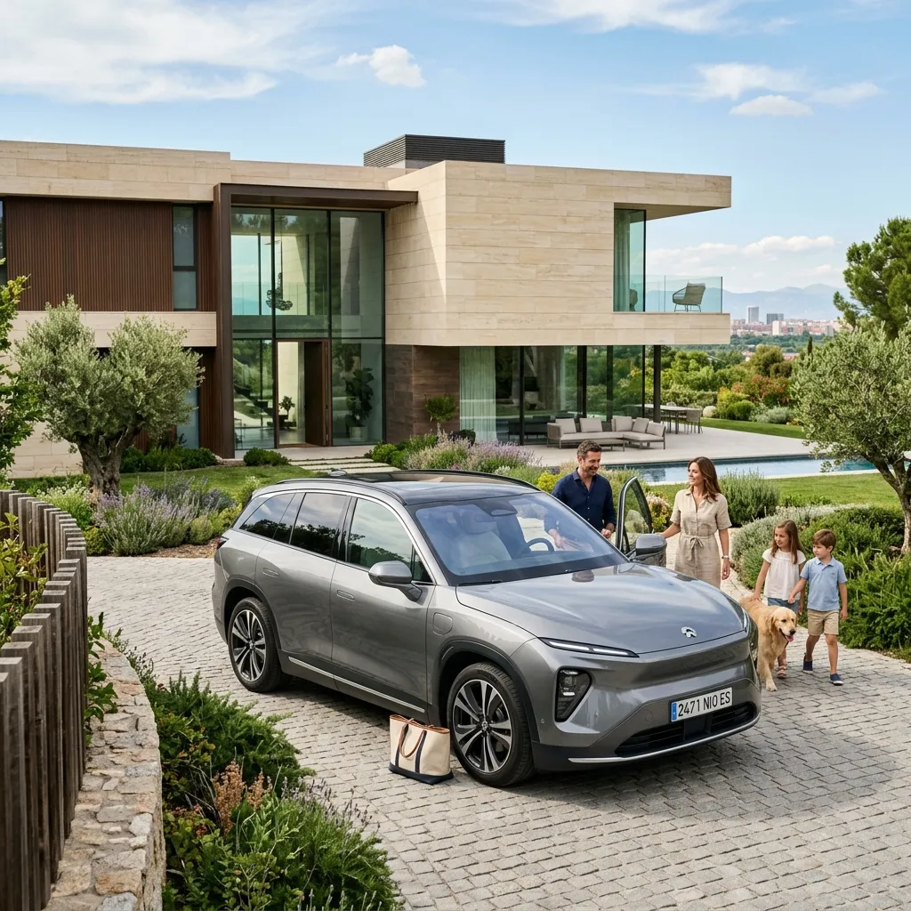 SUV familiar eléctrico NIO EL6 de color gris metalizado aparcado en zona residencial premium de Madrid