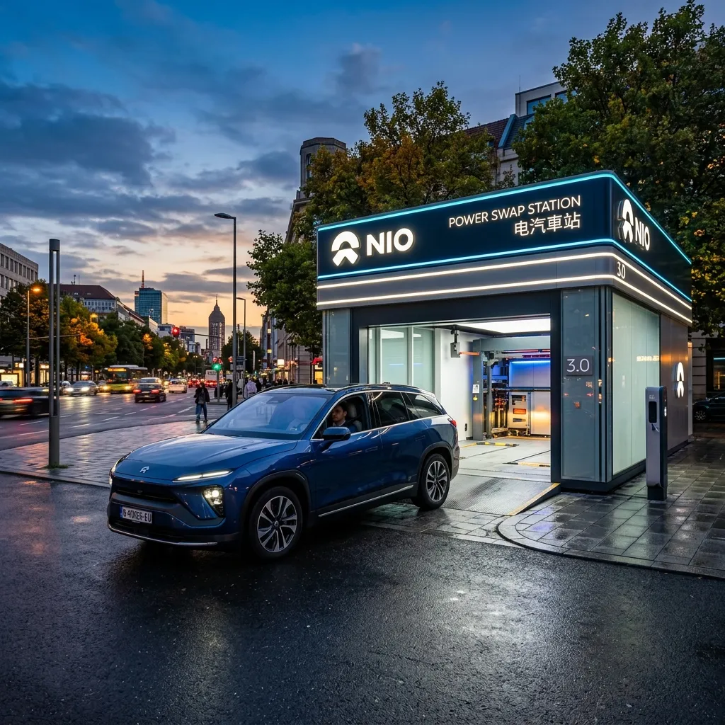 Portada de NIO España: estación de intercambio de baterías Power Swap Station con un coche eléctrico premium