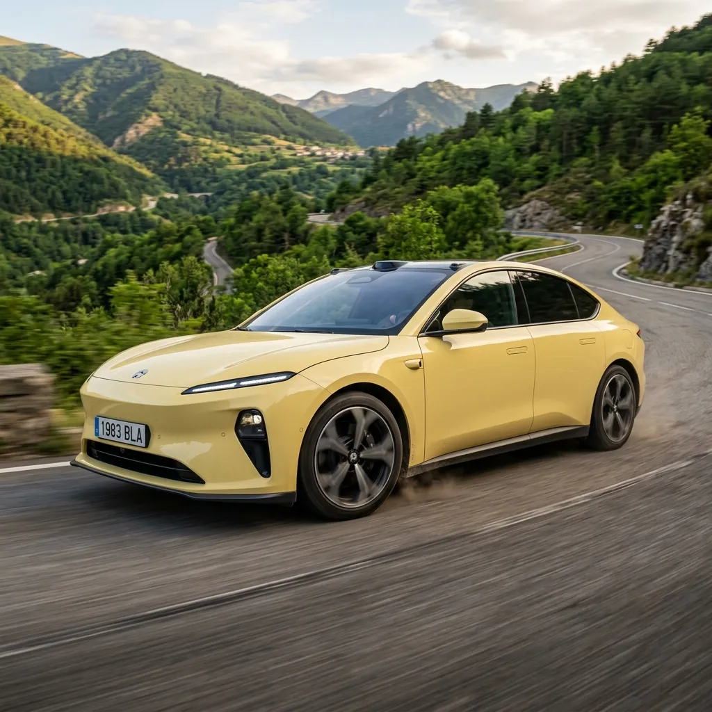 Sedán eléctrico premium NIO ET5 en color amarillo pastel circulando por carretera de montaña en España