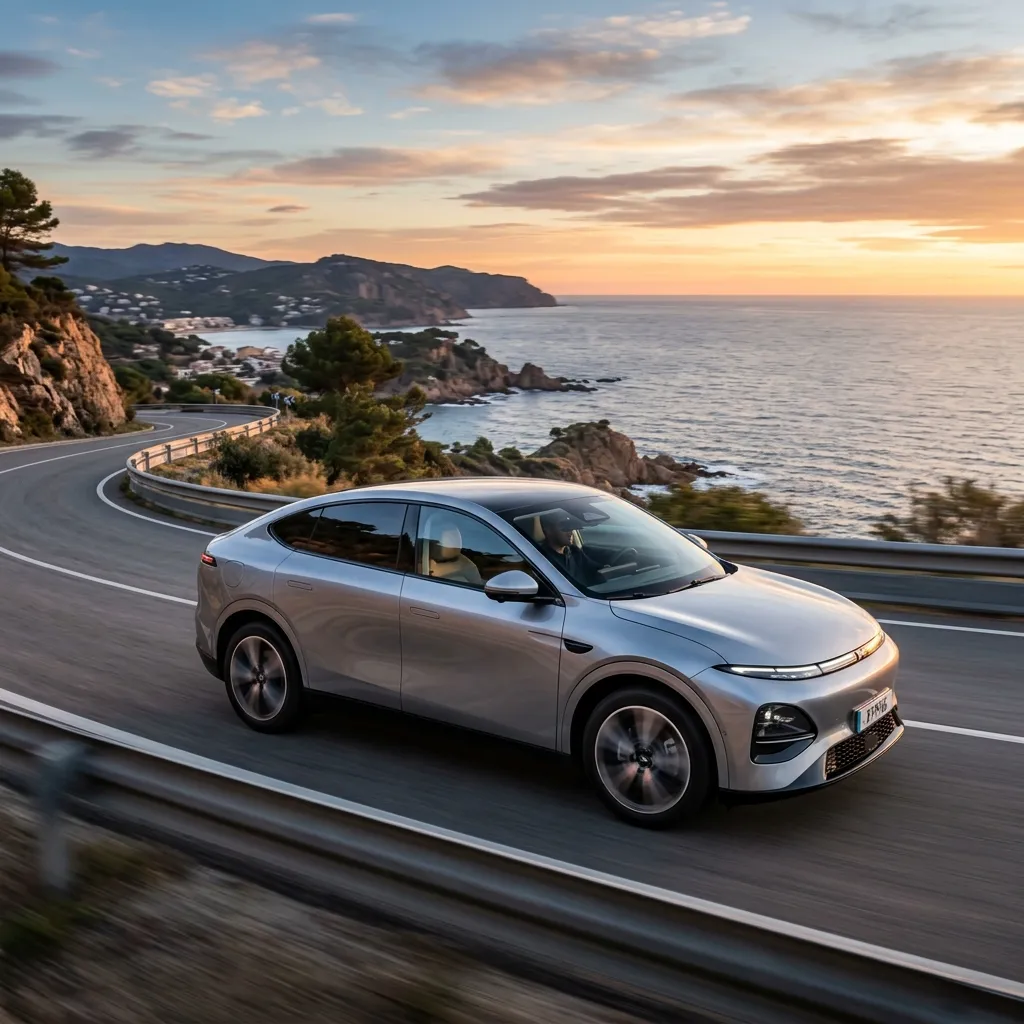SUV coupé eléctrico XPeng G6 en color gris circulando por carretera costera en España