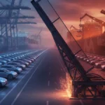 Aranceles de la UE a los coches chinos: barrera aduanera en un puerto con coches eléctricos listos para exportar