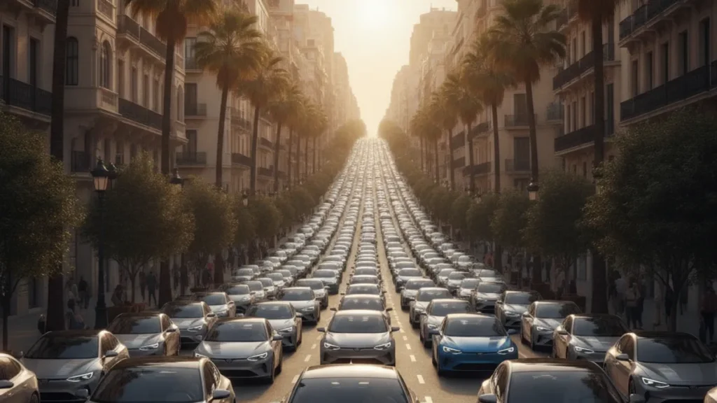 Coches chinos llenando una avenida española en 2026, símbolo de su cuota de mercado