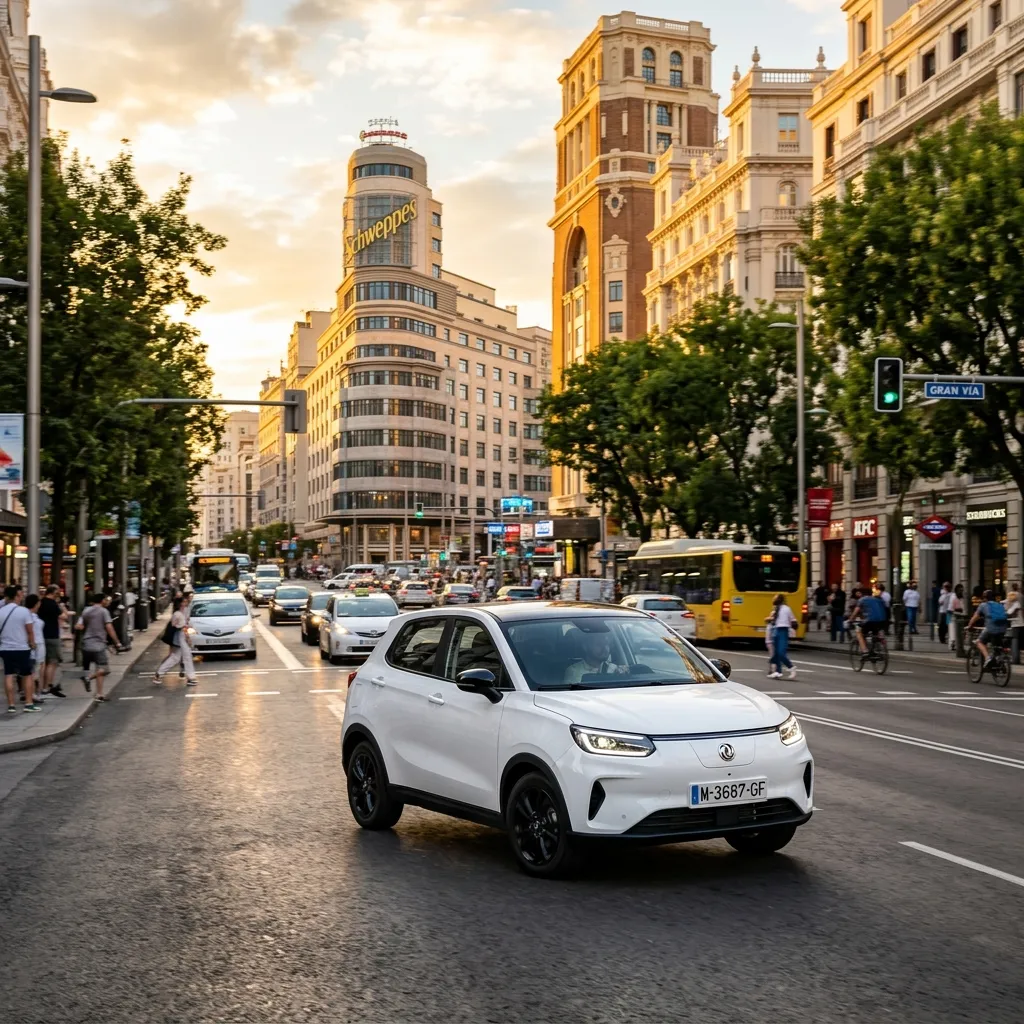 Dongfeng España: utilitario eléctrico BOX circulando por una calle de Madrid