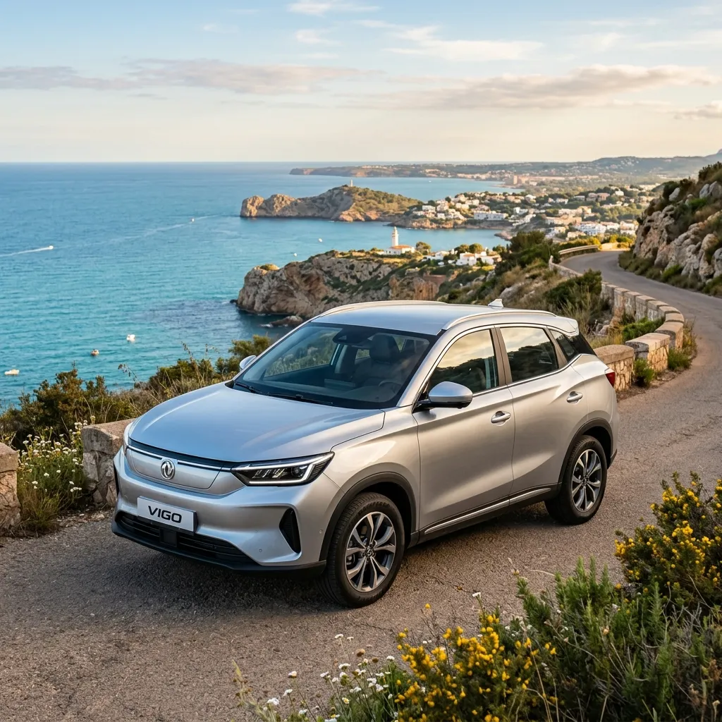 SUV eléctrico compacto Dongfeng Vigo aparcado en una carretera costera española