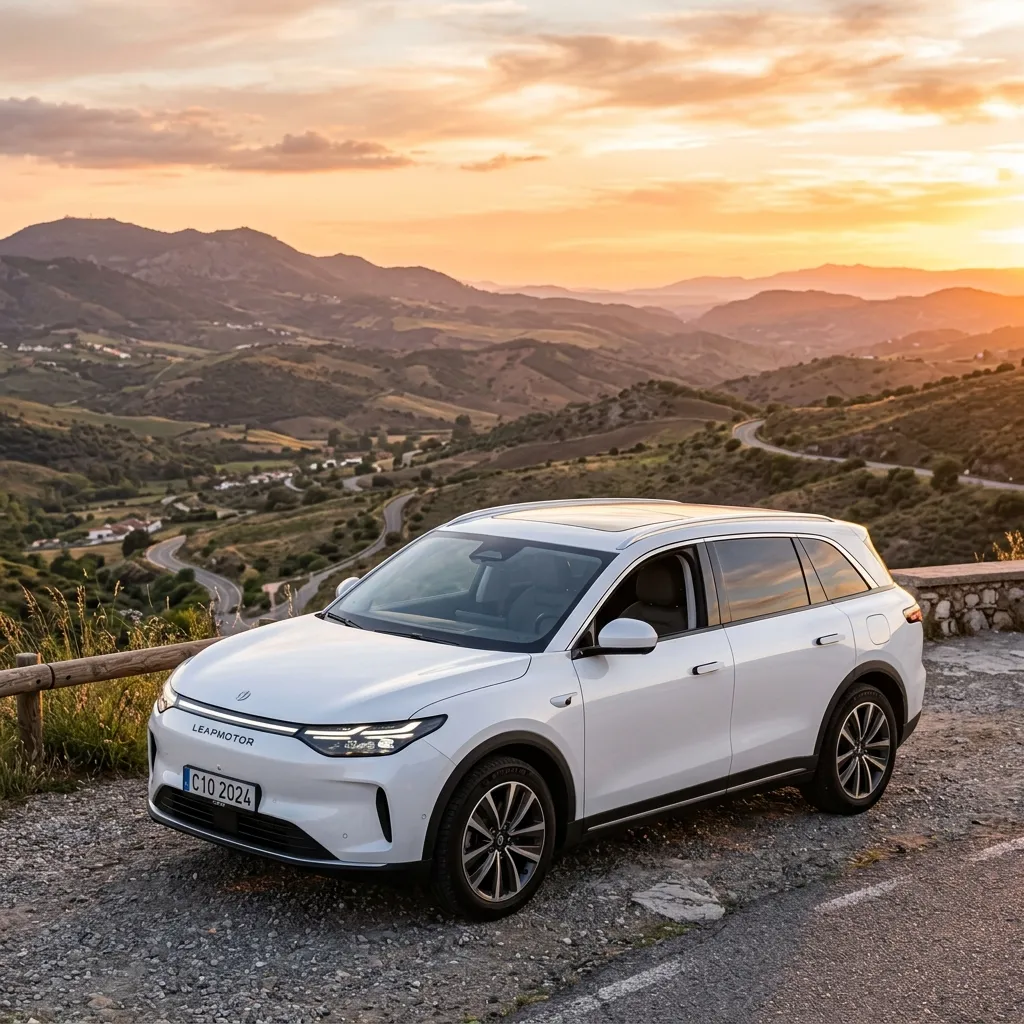 SUV familiar eléctrico Leapmotor C10 de color blanco aparcado frente a un paisaje natural al atardecer