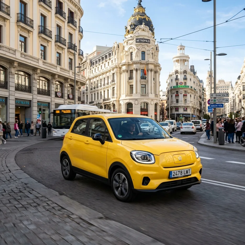 Urbano eléctrico Leapmotor T03 en color amarillo circulando por la calle Alcalá de Madrid