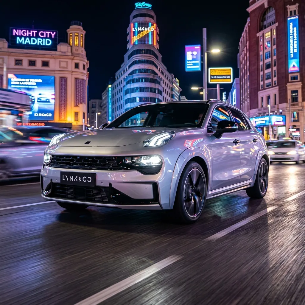 Crossover 100% eléctrico Lynk & Co 02 en color plateado circulando por la Gran Vía de Madrid de noche