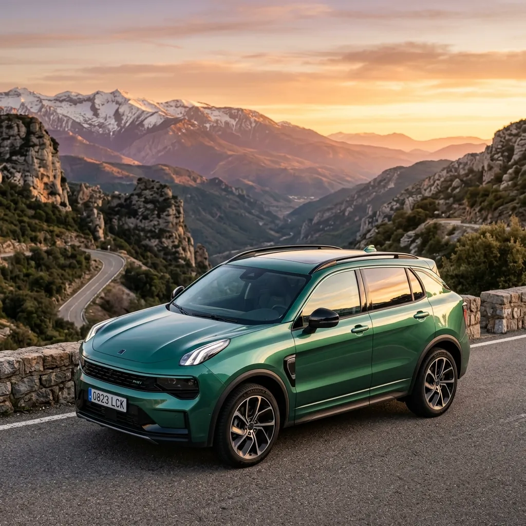 Gran SUV familiar híbrido enchufable Lynk & Co 08 de color verde metalizado aparcado en un paso de montaña en los Pirineos durante el atardecer