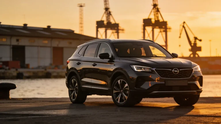 Ebro España SUV moderno con fábrica de Barcelona al fondo al atardecer
