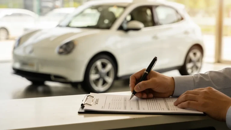 Persona firmando el contrato de financiación de un coche chino en el concesionario