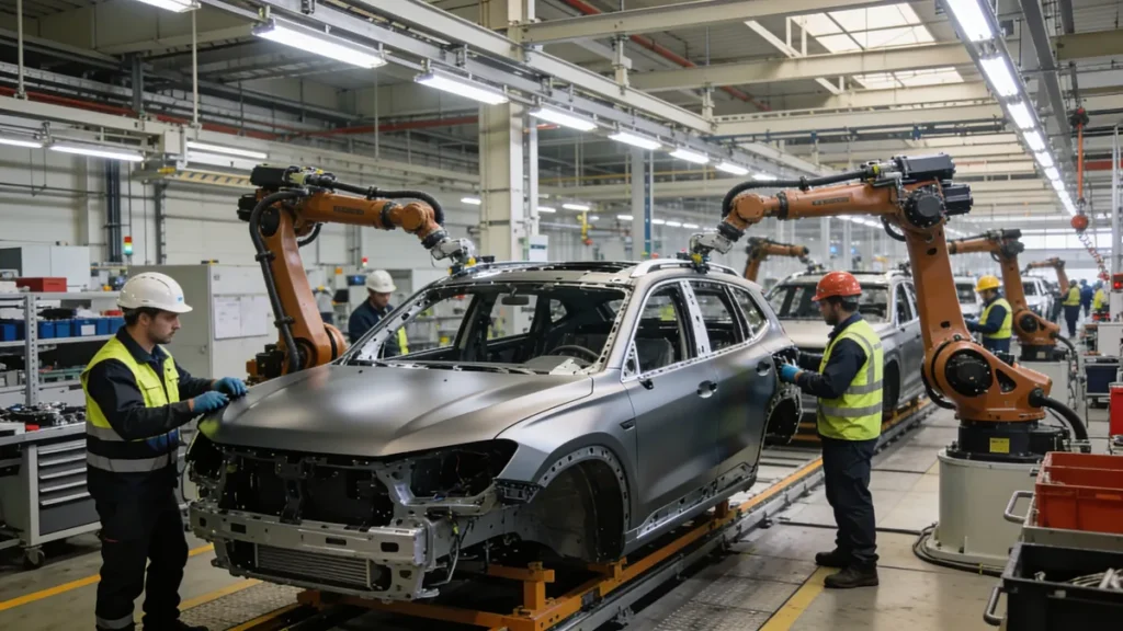 Línea de montaje de coches en la fábrica de Geely en Almussafes, Valencia