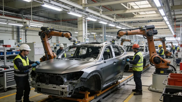 Línea de montaje de coches en la fábrica de Geely en Almussafes, Valencia