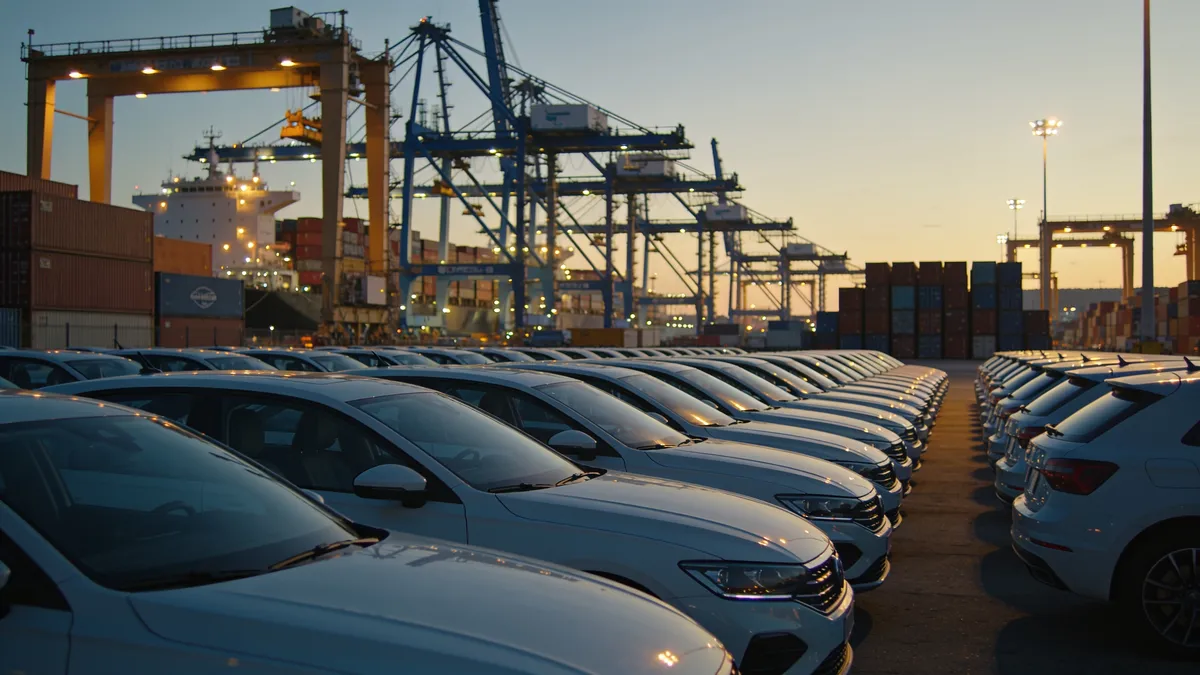 Coches chinos listos para exportar en un puerto industrial español