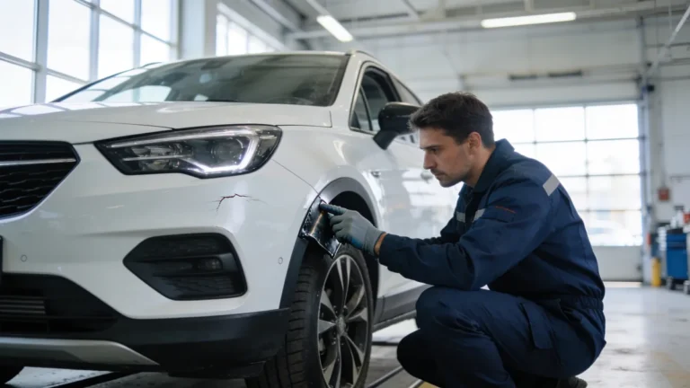 Seguro para coches chinos: perito revisando el paragolpes de un SUV en un taller