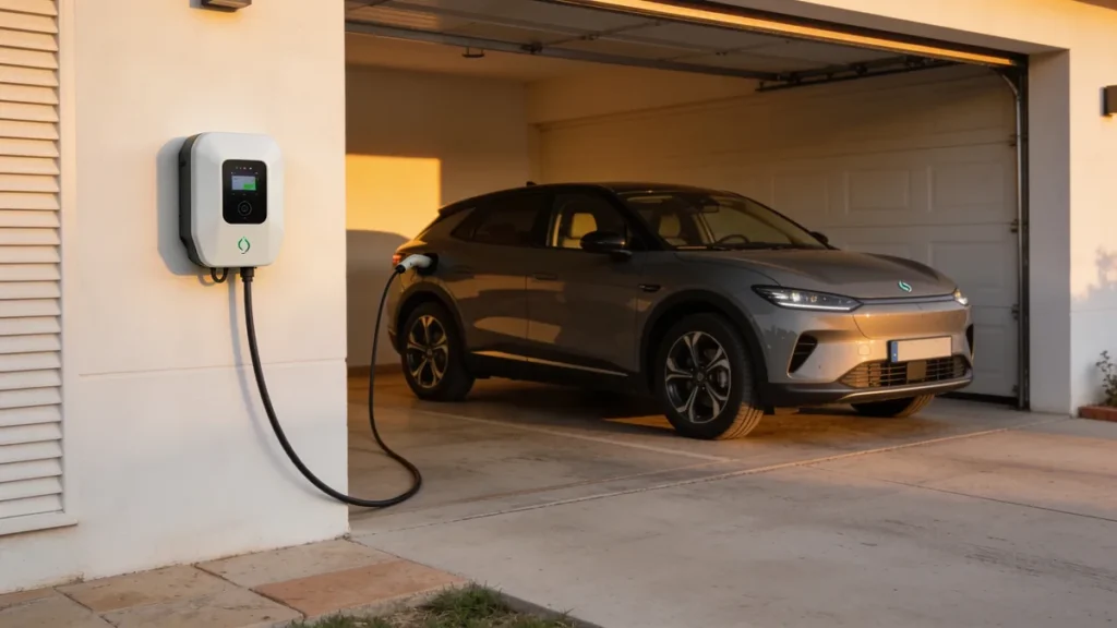 Wallbox instalada en el garaje de casa cargando un coche eléctrico chino