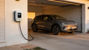 Wallbox instalada en el garaje de casa cargando un coche eléctrico chino