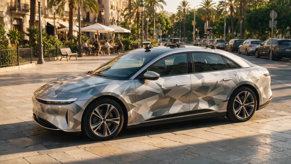 Xiaomi SU7 camuflado con sensores de pruebas circulando por una calle de España antes de su llegada en 2027