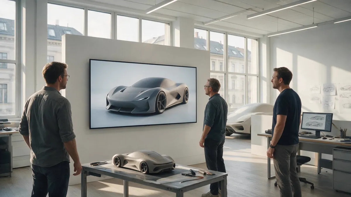 Ingenieros revisando el diseño de un coche eléctrico en el centro de I+D europeo de Xiaomi en Múnich