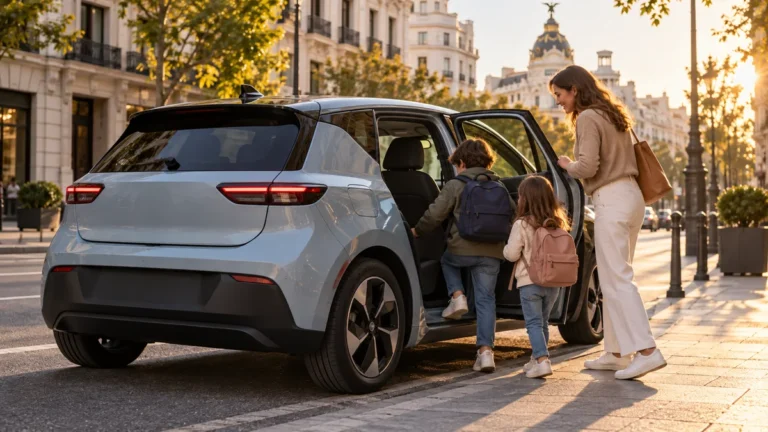 Ilustración editorial de un eléctrico urbano con una familia