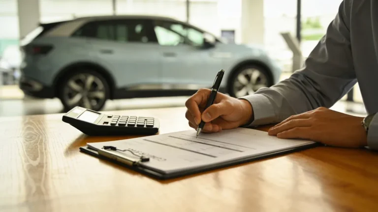 hombre firmando la documentación de matriculación de un coche eléctrico chino con una calculadora sobre la mesa