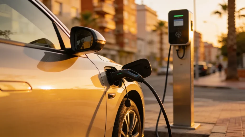 Coche eléctrico chino cargando en una calle española mientras se agotan los fondos del Plan Auto+