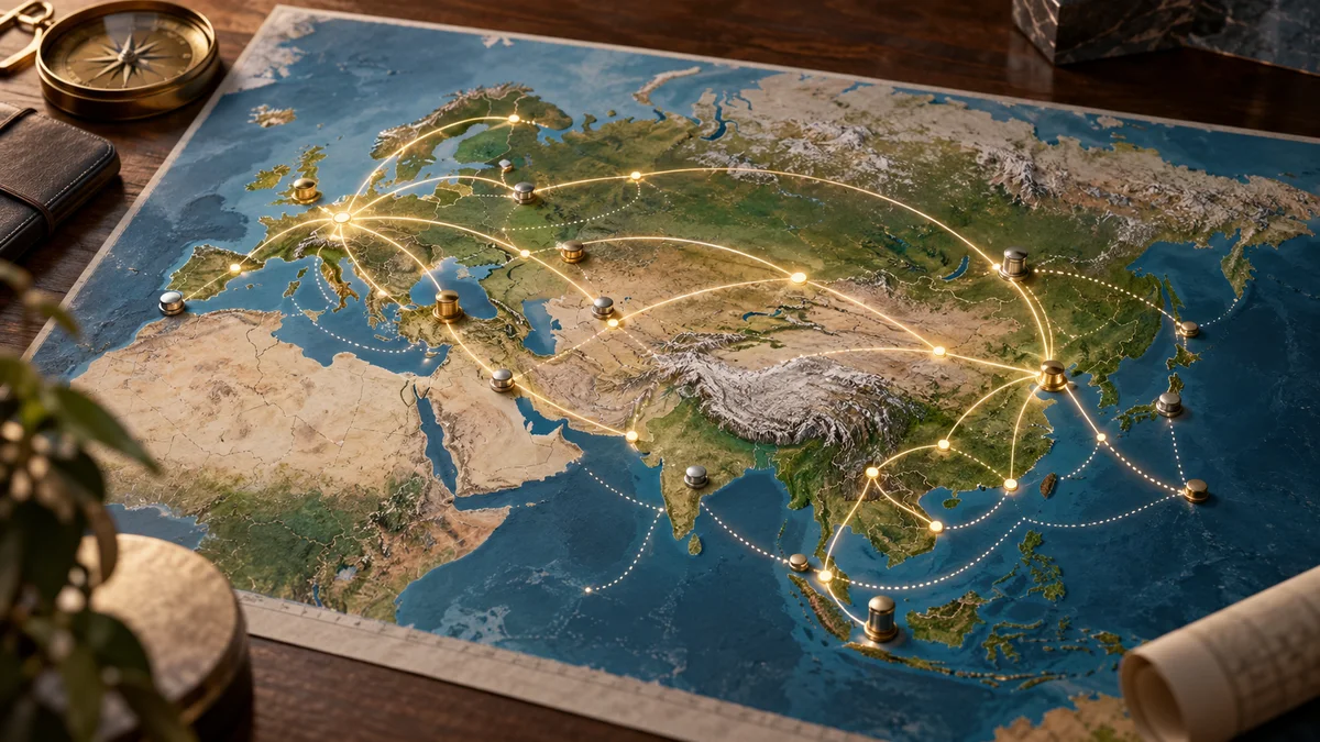 Mapa editorial abstracto de rutas logísticas entre Europa y Asia
