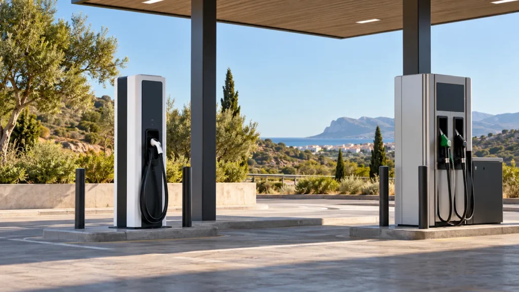 Punto de recarga eléctrica y surtidor de combustible separados